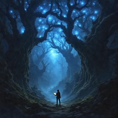 The primary subject of the image is a man walking through a forest at night. The setting is a dark, wooded area with trees surrounding him. The visual style is a digital art or illustration, creating a surreal and mysterious atmosphere. The colors are predominantly dark, with the man's lantern providing a source of light. The overall mood is one of solitude and exploration in the depths of the forest.